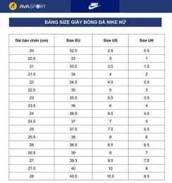 giao diện app bảng size giày đá bóng nike